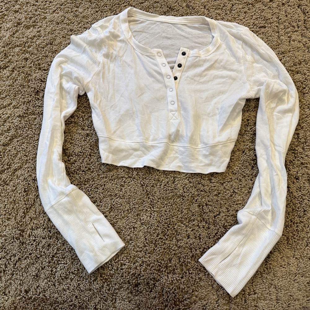 Women's White Long Sleeve Cropped Henley